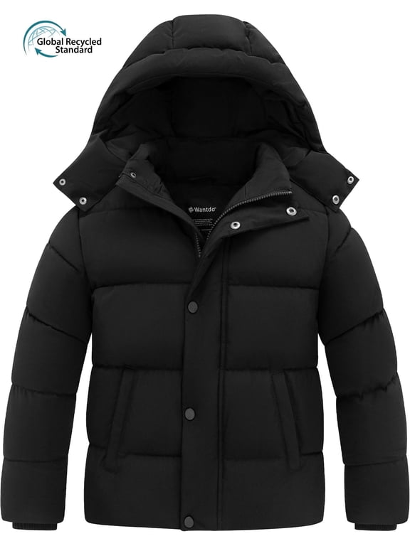 Boy's Winter Coat Recycled Windproof Winter Jacket Warm Snow Jacket with Detachable Hood Black 14/16
