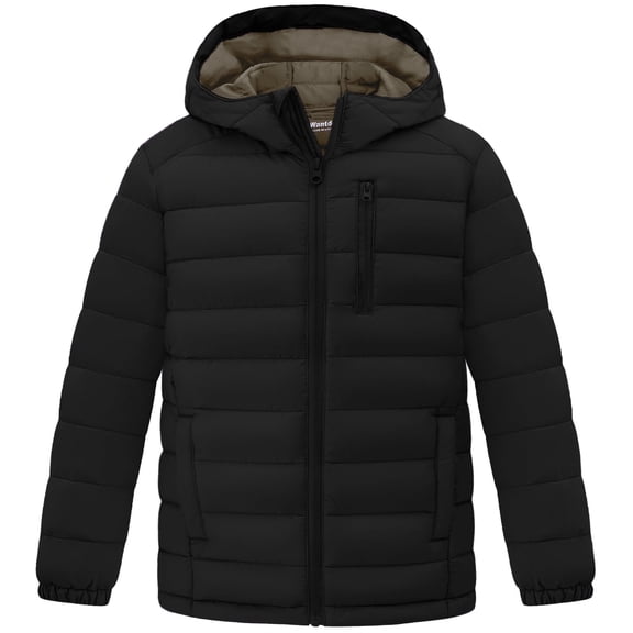 Wantdo Boy's Winter Coat with Hood Warm Quilted Waterproof Winter Jacket Packable Puffer Jacket Black 10-12