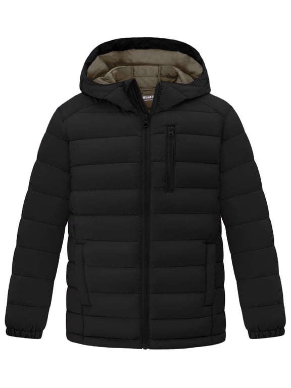 Boy's Winter Coat with Hood Warm Quilted Waterproof Winter Jacket Packable Puffer Jacket Black 10-12