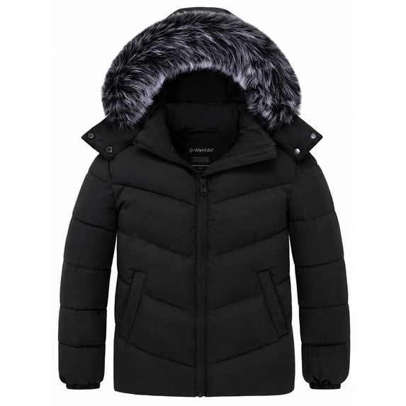 Wantdo Girl's Coat Warm Winter Coat Recycled Winter Jacket Hooded Puffer Jacket Black 10/12