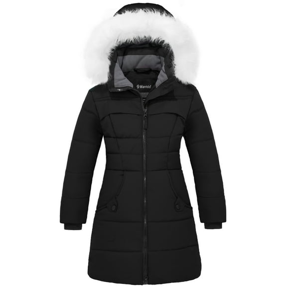 Wantdo Girl's Packable Winter Coat Fleece Filling Anorak Jacket with Hood Black 10/12