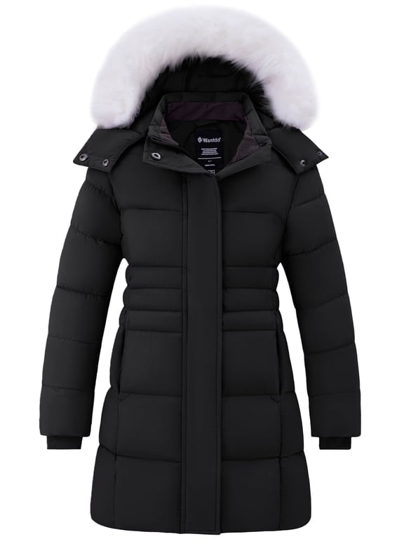 Girl's Winter Coat Padded Winter Jacket Windproof Winter Parka Jacket with Hood Black 10/12