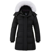 WANTDO Girl's Winter Coat Padded Winter Jacket Windproof Winter Parka Jacket with Hood Black 10/12