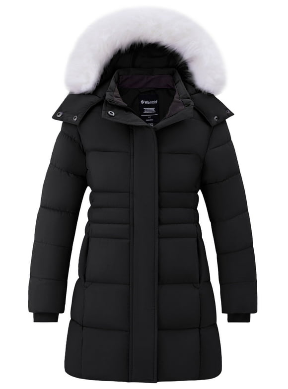 Girl's Winter Coat Padded Winter Jacket Windproof Winter Parka Jacket with Hood Black 10/12
