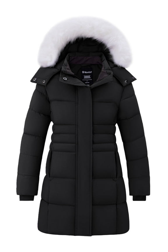Girl's Winter Coat Padded Winter Jacket Windproof Winter Parka Jacket with Hood Black 10/12