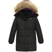 Maeau Girls Winter Down Jacket With Fur Hood Long Parka Warm Puffer Coat Windproof Padded Overcoat
