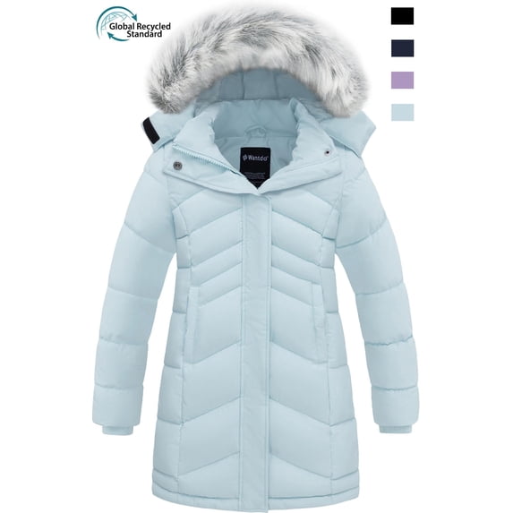Wantdo Girls' Coat Warm Winter Jacket Waterproof Puffer Lined Outerwear Jacket Light Blue 14/16