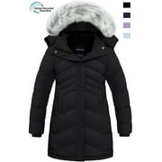 WANTDO Girls' Winter Coat Recycled Waterproof Long Winter Jacket with Faux Fur Hood Black 10/12