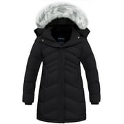 WANTDO Girls' Winter Coat Recycled Waterproof Long Winter Jacket with Faux Fur Hood Black 10/12