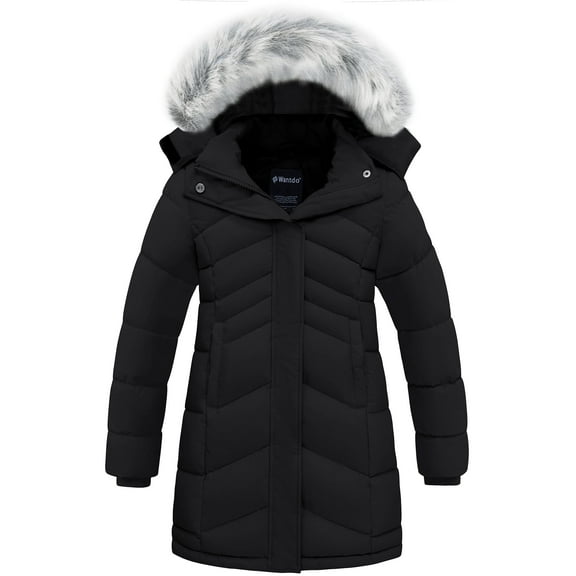 Wantdo Girls' Winter Coat Recycled Waterproof Long Winter Jacket with Faux Fur Hood Black 10/12