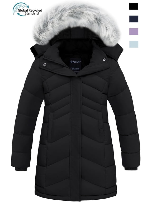 Girls' Winter Coat Recycled Waterproof Long Winter Jacket with Faux Fur Hood Black 10/12