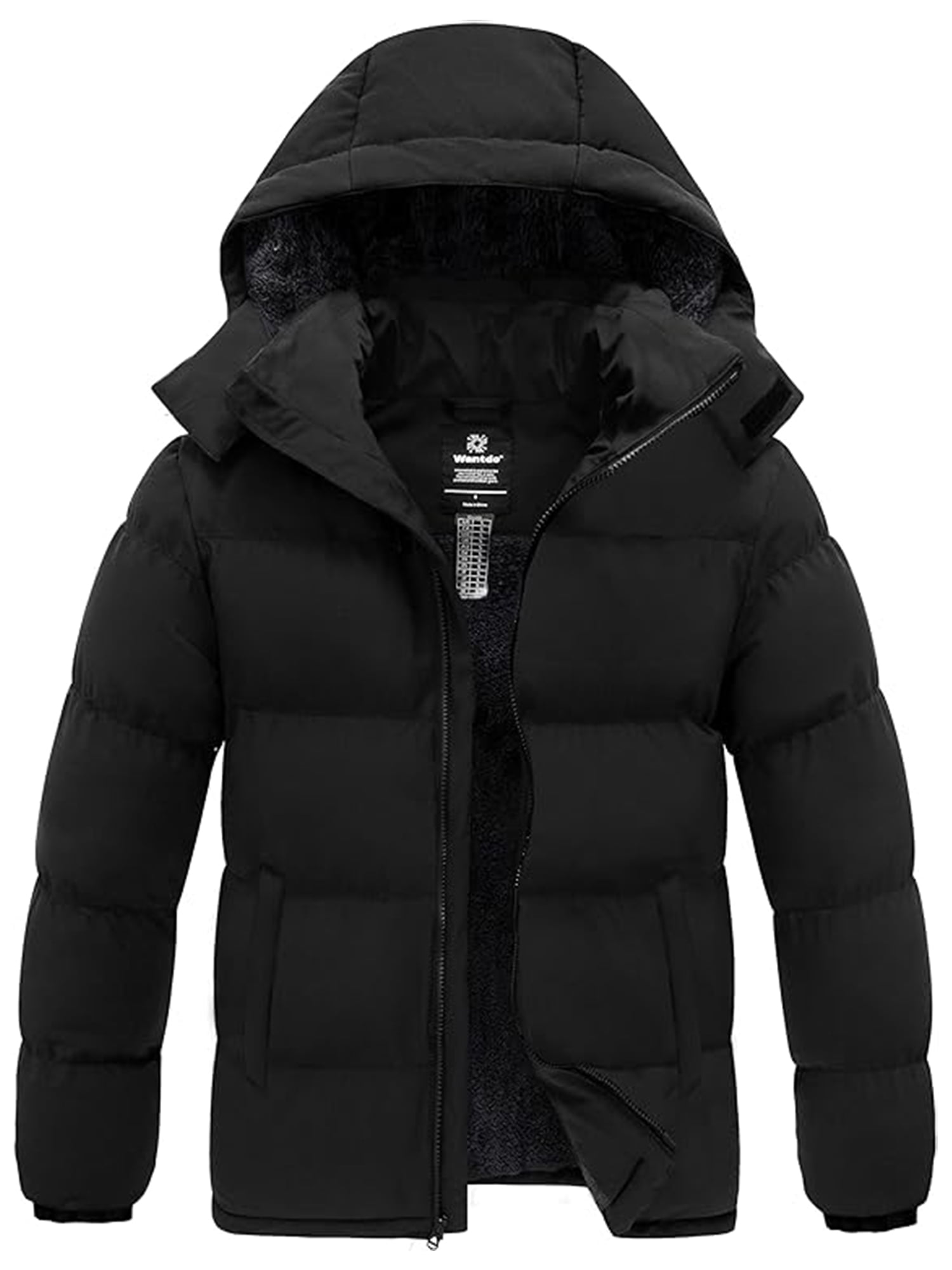 Wantdo Men Waterproof Puffer Jacket Thick Black Winter Coat With Hood