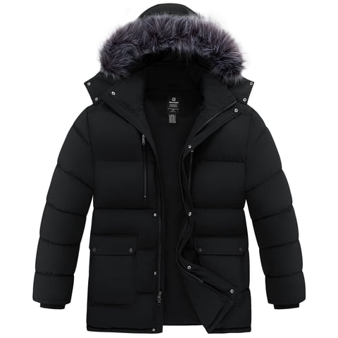Men's Big and Tall Recycled Winter Coat Quilted Winter Mid-length Plus Size Puffer Jacket with Removable Hood Black 5XL
