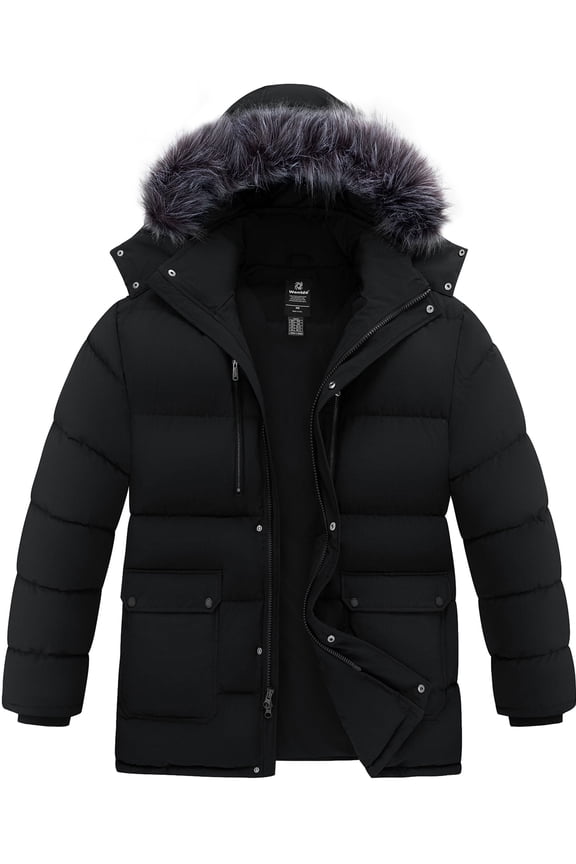 Men's Big and Tall Recycled Winter Coat Quilted Winter Mid-length Plus Size Puffer Jacket with Removable Hood Black 5XL