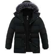WANTDO Men's Big and Tall Recycled Winter Coat Quilted Winter Mid-length Plus Size Puffer Jacket with Removable Hood Black 5XL