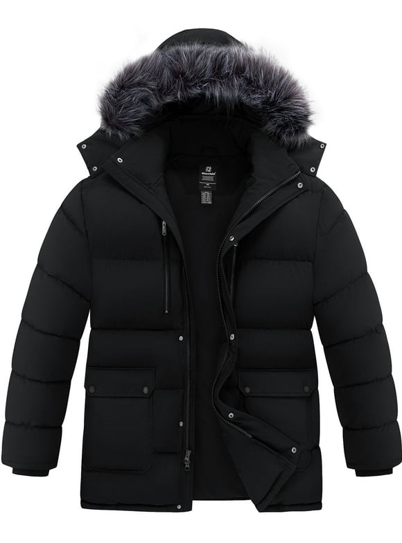 Men's Big and Tall Recycled Winter Coat Quilted Winter Mid-length Plus Size Puffer Jacket with Removable Hood Black 5XL