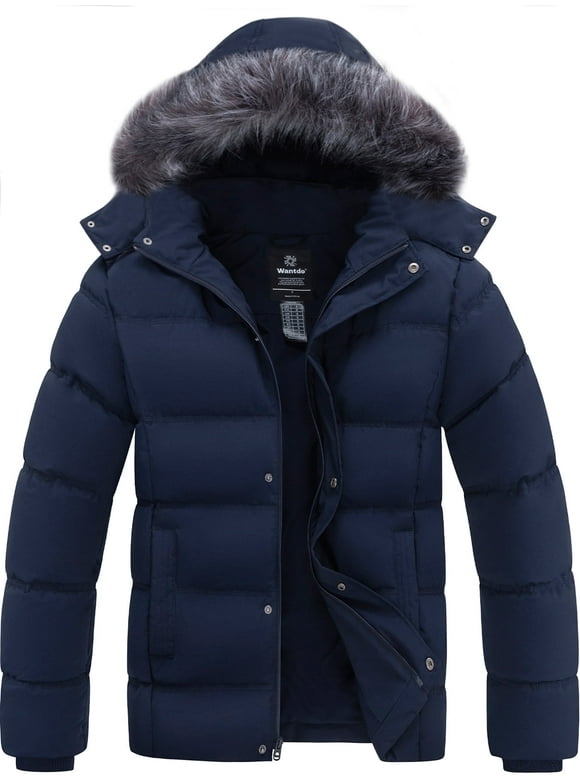 Men's Hooded Coat Quilted Winter Coat Thicken Recycled Winter Puffer Parka Jacket Navy L