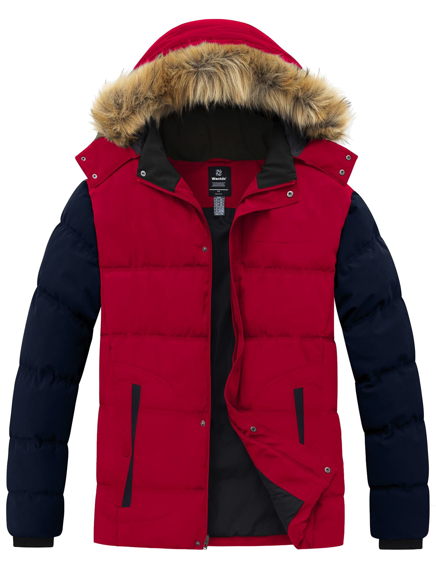 Wantdo Men's Insulated Warm Winter Jacket with Faux Fur Lined Hood Red