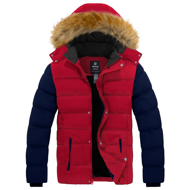 Wantdo Men s Insulated Warm Winter Jacket with Faux Fur Lined Hood Red Size L Walmart