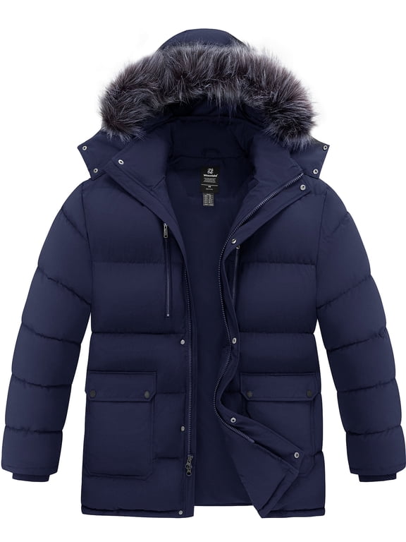 Men's Plus Size Puffer Jacket Recycled Heavy Winter Coat with Faux-fur Hood Windproof Parka Jacket Navy 5XL
