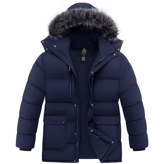 Wantdo Men's Plus Size Puffer Jacket Recycled Heavy Winter Coat with Faux-fur Hood Windproof Parka Jacket Navy 5XL