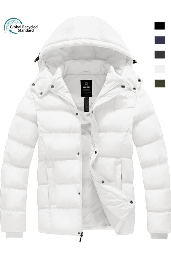 Men's Puffer Jacket Insulated Winter Coat Snow Jacket with Hood White M