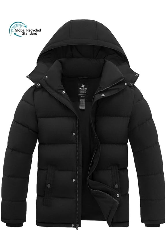 Men's Puffer Jacket Recycled Hooded Winter Coat Insulated Winter Outerwear Jacket Black M