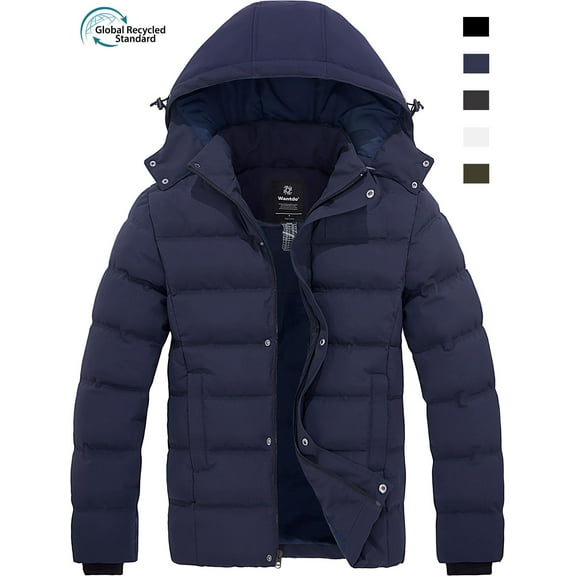Wantdo Men's Puffer Jacket Windproof Winter Cotton Coat Hooded Winter Jacket Navy M
