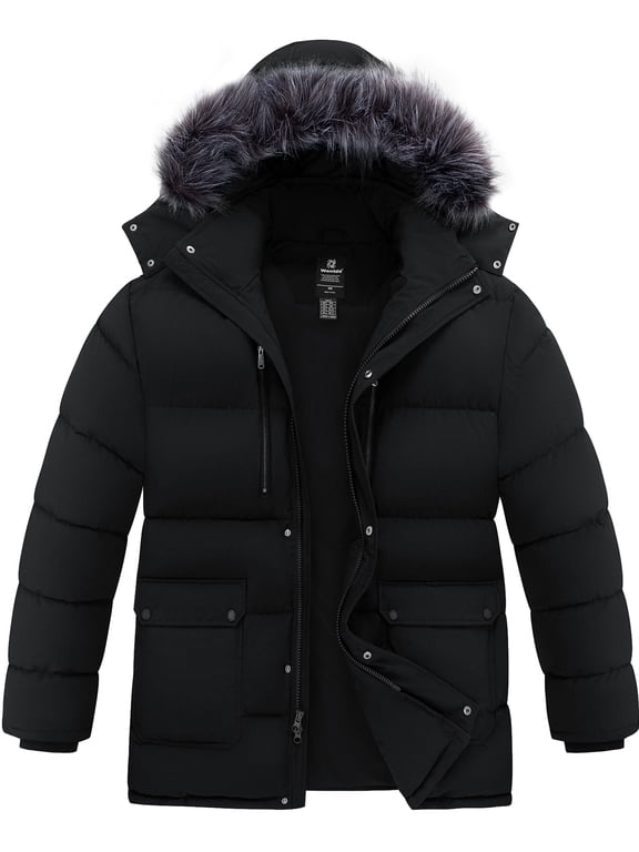 Men's Recycled Big and Tall Coat Insulated Mid-length Winter Coat with Detachable Faux Fur Hood Black 4XL