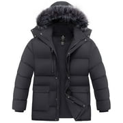 WANTDO Men's Big and Tall Recycled Winter Coat Quilted Winter Mid-length Plus Size Puffer Jacket with Removable Hood Black 5XL