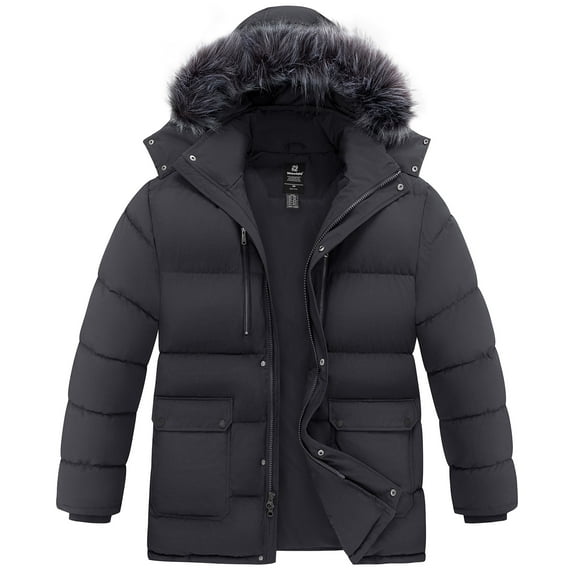 Wantdo Men's Recycled Big and Tall Thicken Coat Warm Winter Quilted Parka Jacket with Faux Fur Lined Hood Dark Gray 4XL