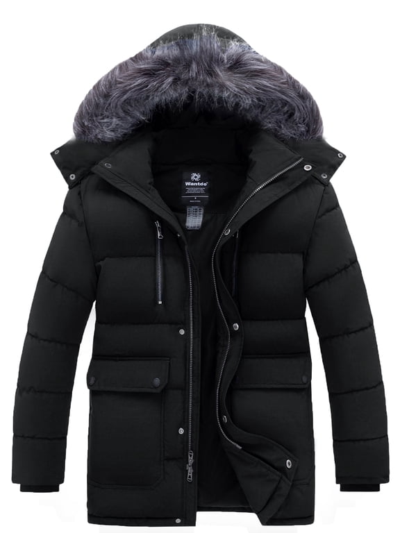 Men's Recycled Thicken Winter Coat Mid-length Puffer Winter Parka Jacket with Detachable Hood Black L