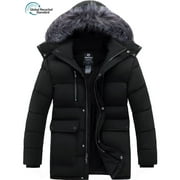 WANTDO Men's Recycled Thicken Winter Coat Mid-length Puffer Winter Parka Jacket with Detachable Hood Black L