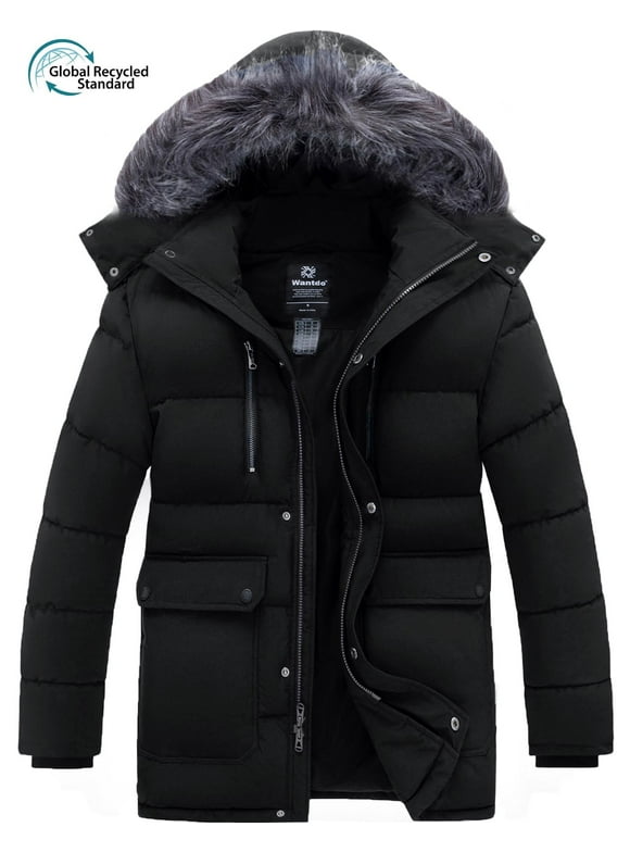 Men's Recycled Thicken Winter Coat Mid-length Puffer Winter Parka Jacket with Detachable Hood Black L