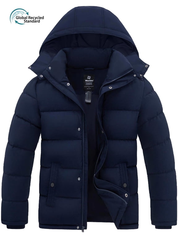 Men's Recycled Warm Thicken Winter Jacket Insulated Winter Puffer Coat with Removable Hood Navy XL