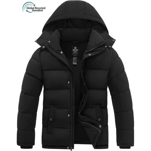 Wantdo Men's Recycled Winter Coat Warm Quilted Winter Jacket Recycled Puffer Jacket with Removable Hood Black L