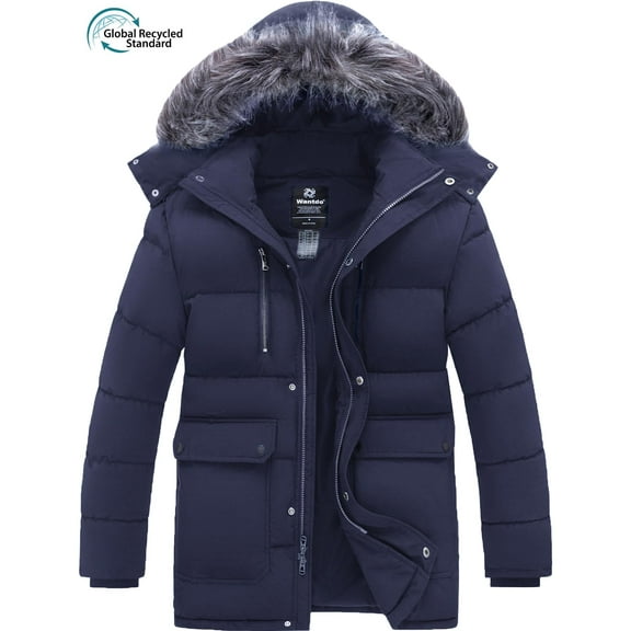 Wantdo Men's Recycled Winter Hooded Coat Hip-Length Quitled Winter Jacket Recycled Winter Puffer Parka Jacket Navy L