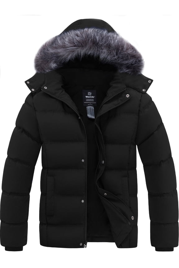 Men's Recycled Winter Hooded Jacket Insulated Winter Coat with Removable Faux Fur Hood Black XL