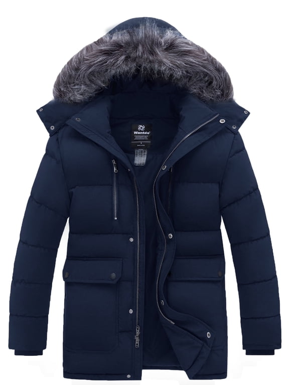 Men's Recycled Winter Jacket Recycled Warm Winter Coat Military Puffer Jacket with Faux Fur Lined Hood Navy XL