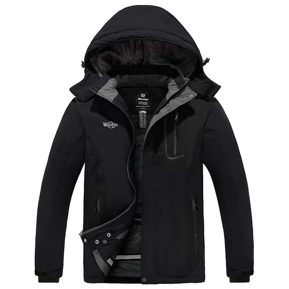 Wantdo Men's Ski Jacket Waterproof Fleece Snow Coat Windbreaker Parka with Hood Black M