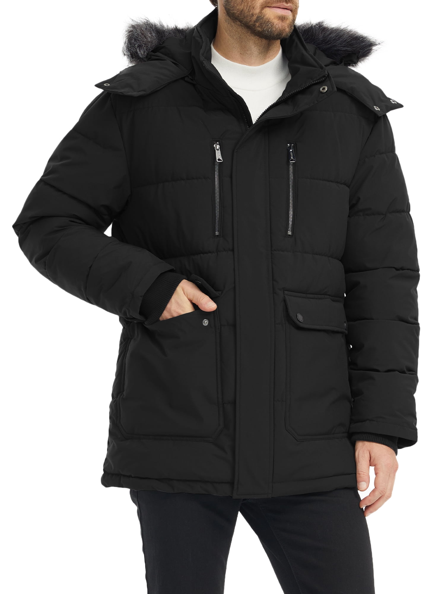 Men's Recycled Thicken Winter Coat Mid-length Puffer Winter Parka Jacket with Detachable Hood Black L