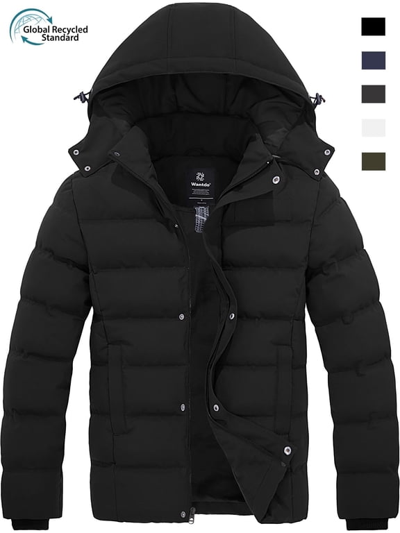 Men's Winter Coat Hooded Winter Jacket Warm Puffer Jacket Black L