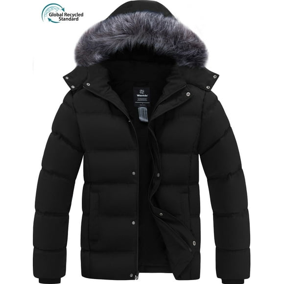 Wantdo Men's Winter Coat Recycled Padded Winter Jacket Waterproof Puffer Jacket with Detachable Hood Black L