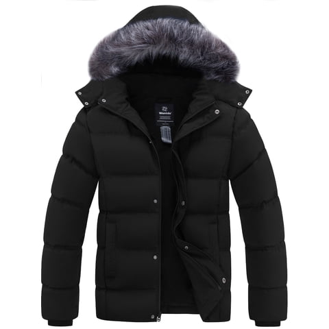 Wantdo Men's Winter Coat Recycled Padded Winter Jacket Waterproof Puffer Jacket with Detachable Hood Black L