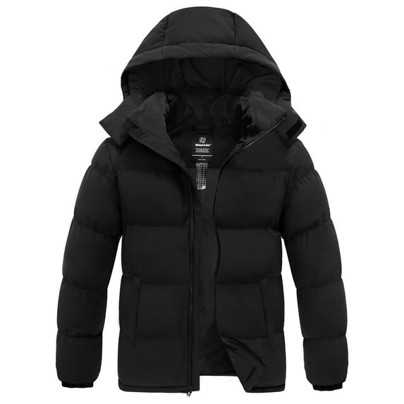 Wantdo Men‘s Winter Coat Recycled Puffer Jacket Waterproof Winter Jacket with Hood Black L