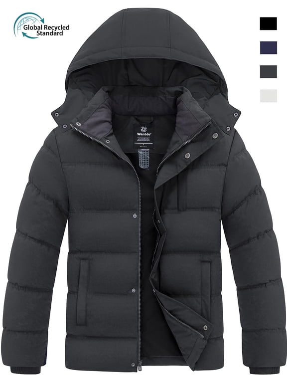 Men's Winter Coat Recycled Warm Puffer Jacket Hooded Winter Snow Gear Outerwear Dark Gray L