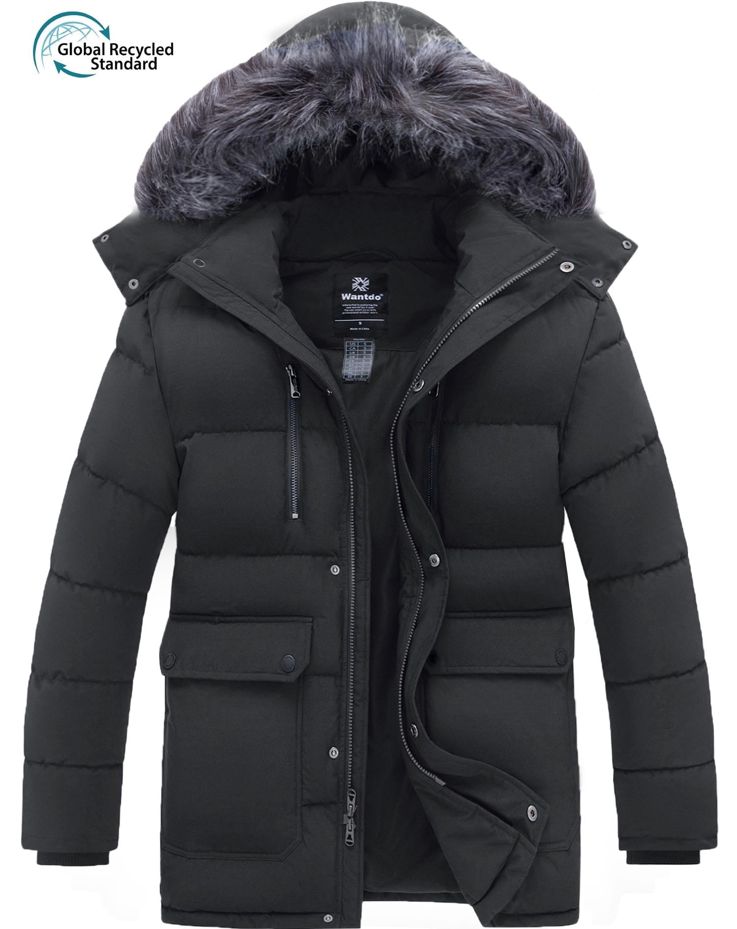 Men's Winter Coat Recycled Warm Winter Jacket Mid-length Winter Snow Jacket with Hood Dark Gray L