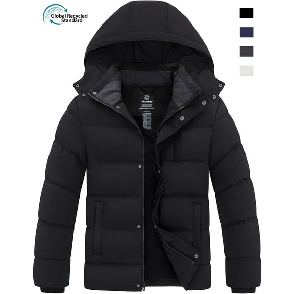 Wantdo Men's Winter Jacket Insulated Winter Coat Recycled Puffer Jacket Hooded Snow Jacket Black M