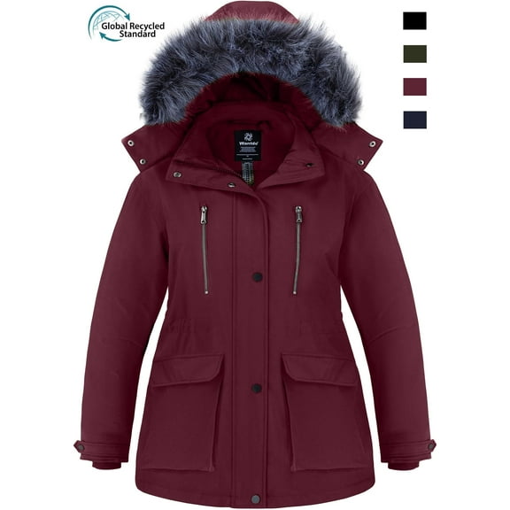 Wantdo Women's Big and Tall Recycled Jacket Warm Insulated Puffer Coat Winter Parka with Removable Hood Wine Red 4XL