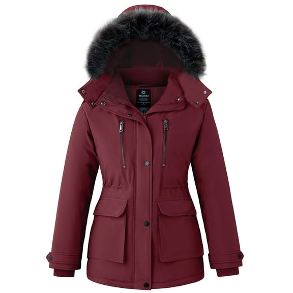 Wantdo Women's Coat Waterproof Puffer Jacket Winter Outerwear Coat with Removable Hood Wine Red L